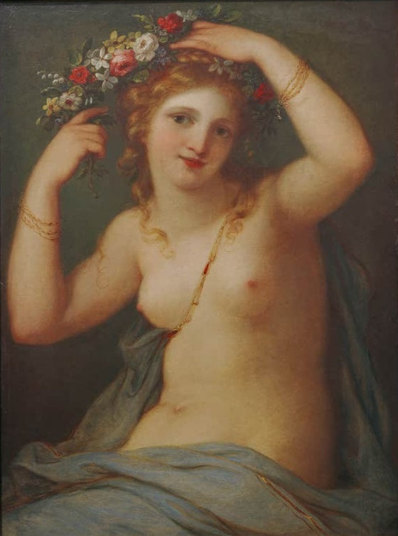 Junge Frau mit Blumenkranz im Haar hebt die Arme, blaues Tuch – Angelika Kauffmann Flora Kunstkopie