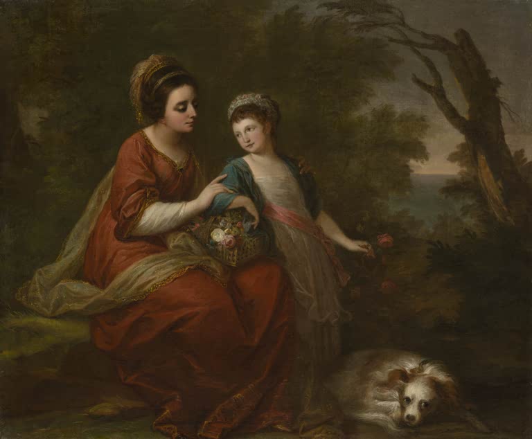 Mutter in Rot mit Tochter und Blumenkorb, vorn Hund – Angelika Kauffmann Frau Hugh Morgan und ihre Tochter Kunstkopie