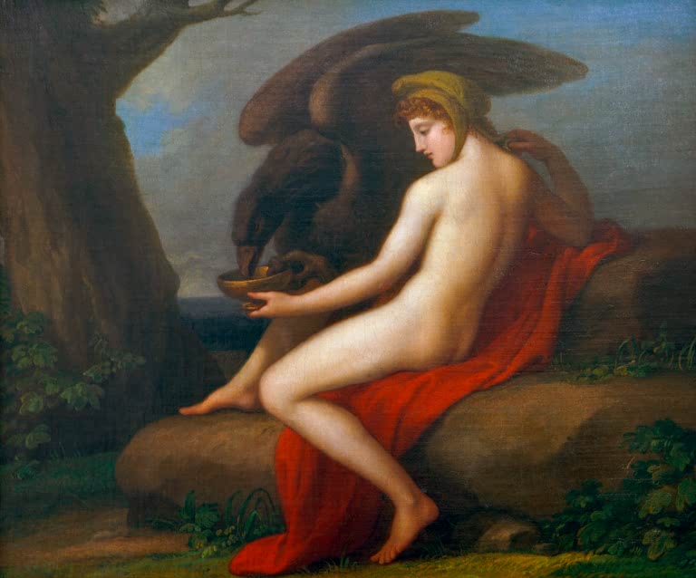 Nackter junger Mann auf Felsen reicht einem Adler eine Schale – Angelika Kauffmann Ganymed und der Adler Kunstkopie