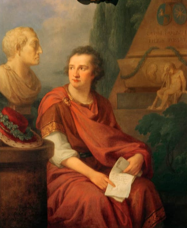 Mann in rotem antikem Gewand mit Blatt, links Büste und Hut – Angelika Kauffmann Gustaf Adolf Reuterholm Kunstkopie