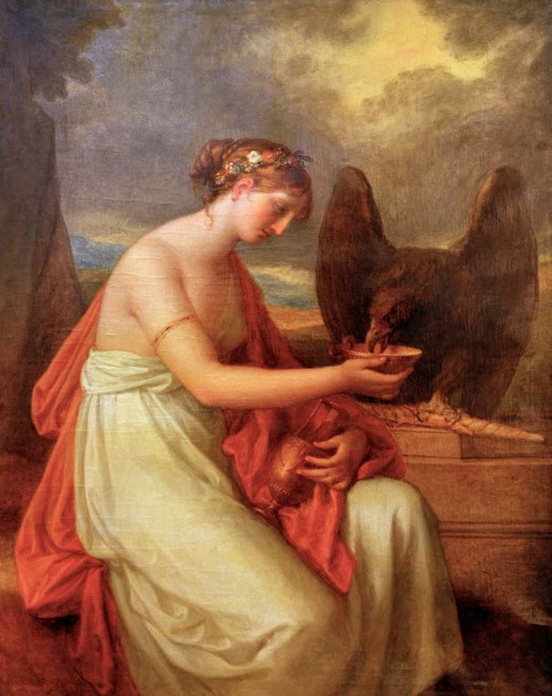 Junge Frau reicht dem Adler Wasser aus einer Schale – Angelika Kauffmann Hebe tränkt den Adler des Jupiter Kunstkopie
