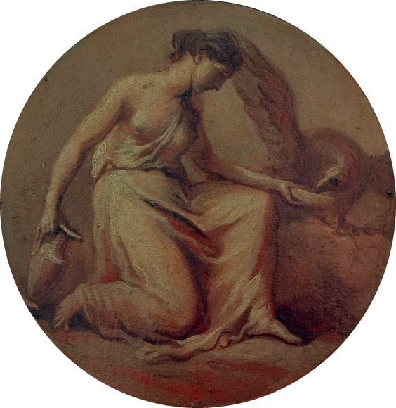 Angelika Kauffmann Hebe Kunstkopie, kniende Frauenfigur mit Krug in sepiafarbener runder Ölskizze