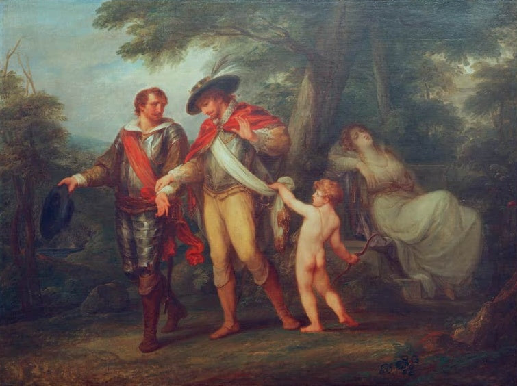 Zwei Ritter im Wald, ein kleiner Amor zieht einen am Arm – Angelika Kauffmann Heinrich IV. zwischen Ruhm und Liebe Kunstkopie