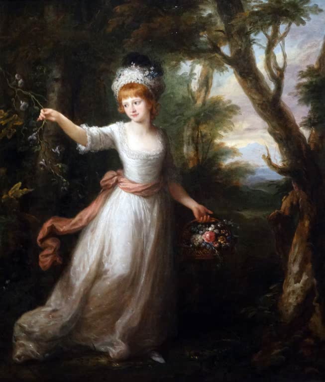 Mädchen im weißen Kleid mit Blumenkorb im Wald – Angelika Kauffmann Henrietta Laura Pulteney Kunstkopie