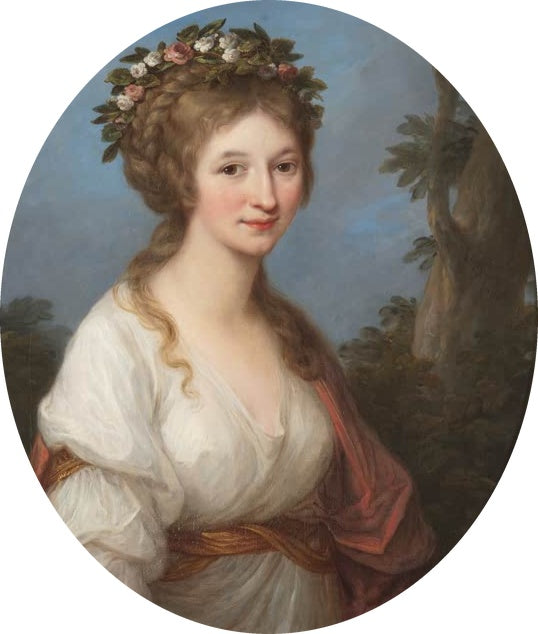 Junge Frau mit Blumenkranz im Haar vor blauem Himmel – Angelika Kauffmann Herzogin Dorothea von Kurland Kunstkopie
