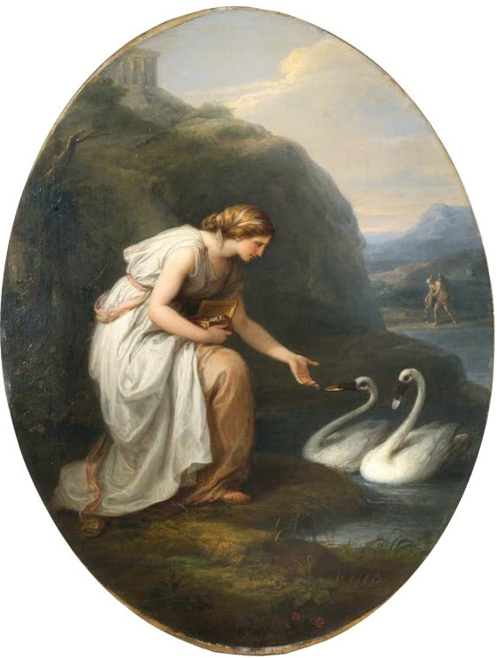 Frau in Weiß füttert zwei Schwäne am Wasser – Angelika Kauffmann Immortalia Nymphe der Unsterblichkeit Kunstkopie