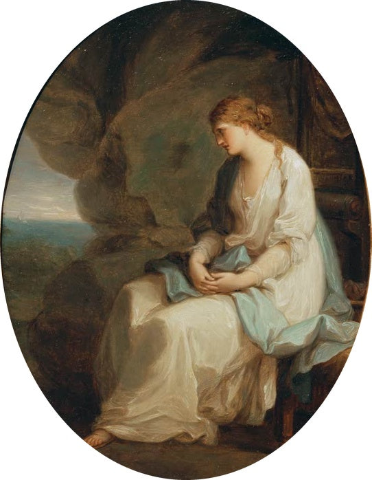 Frau in hellem Gewand sitzt in einer Felsgrotte am Meer – Angelika Kauffmann Kalypso, verlassen von Odysseus Kunstkopie