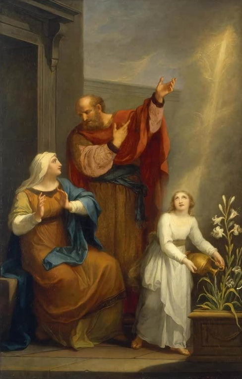 Angelika Kauffmann Kindheit der Jungfrau Maria Kunstkopie, Anna und Joachim mit der jungen Maria vor Lilien