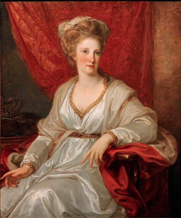 Frau in weißem Seidenkleid vor rotem Vorhang, neben ihr eine Krone – Angelika Kauffmann Maria Carolina von Neapel Kunstkopie