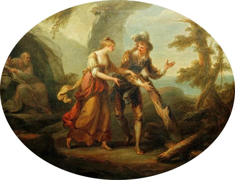 Junge Frau und Mann in Renaissancetracht in Felslandschaft – Angelika Kauffmann Miranda und Ferdinand Kunstkopie