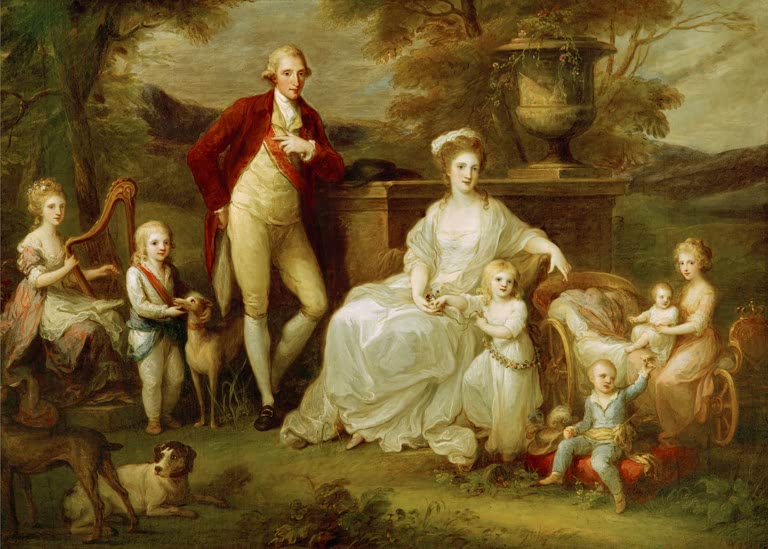 Königsfamilie im Park, Vater in rotem Rock, Mutter mit Kindern – Angelika Kauffmann Familie von Neapel Kunstkopie