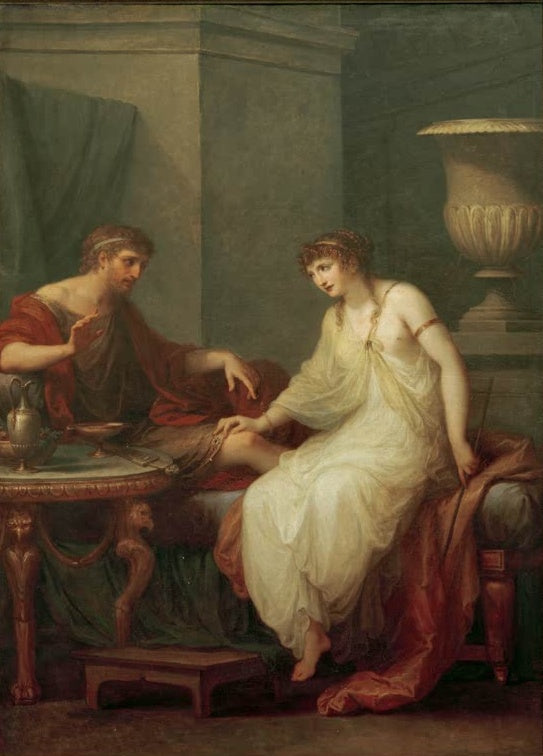Angelika Kauffmann Odysseus und Kirke Kunstkopie, Mann in weißer Toga und Frau in goldenem Gewand am Tisch