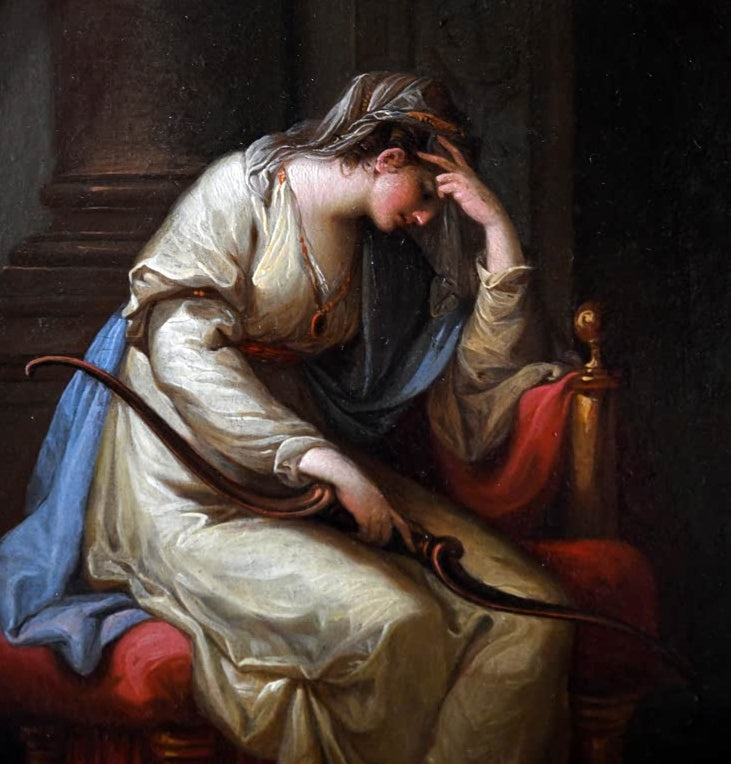 Angelika Kauffmann Penelope trauert Kunstkopie, Frau mit gesenktem Kopf über dem Bogen des Odysseus