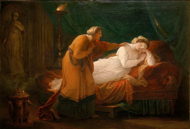 Angelika Kauffmann Penelope wird von Eurykleia geweckt Kunstkopie, schlafende Frau wird von Amme im Bett geweckt