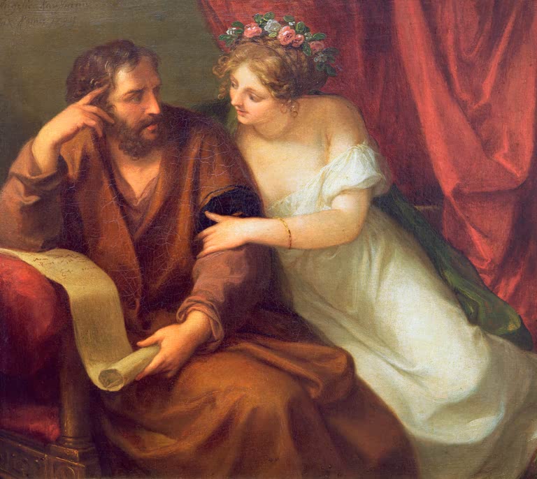 Bärtiger Philosoph mit Schriftrolle, daneben junge Frau mit Rosenkranz – Angelika Kauffmann Phryne und Xenokrat Kunstkopie