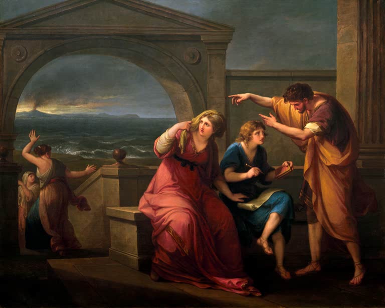 Zwei Frauen und ein Mann unter Torbogen, hinten Meer und Vesuv – Angelika Kauffmann Plinius der Jüngere Kunstkopie