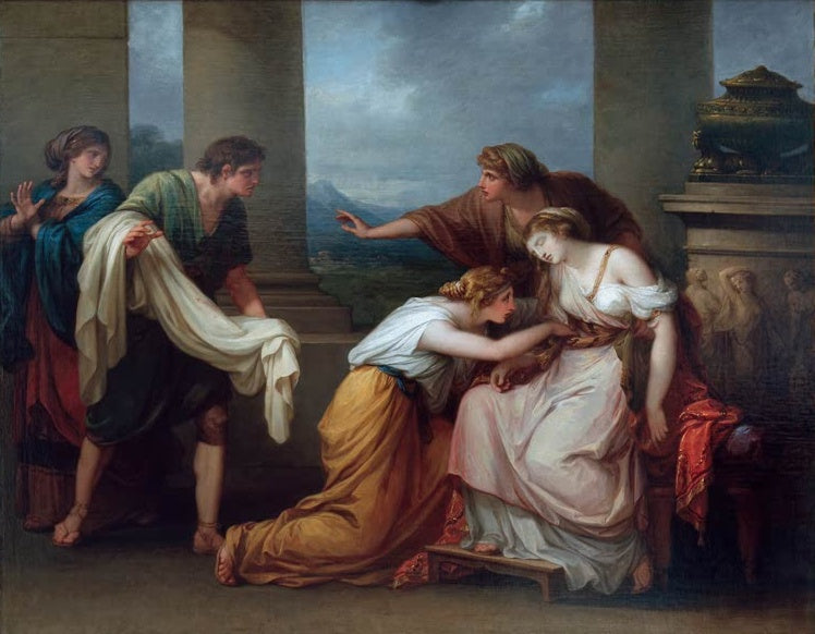 Ohnmächtige Frau sinkt in die Arme einer Dienerin – Angelika Kauffmann Pompeius Gemahlin fällt in Ohnmacht Kunstkopie
