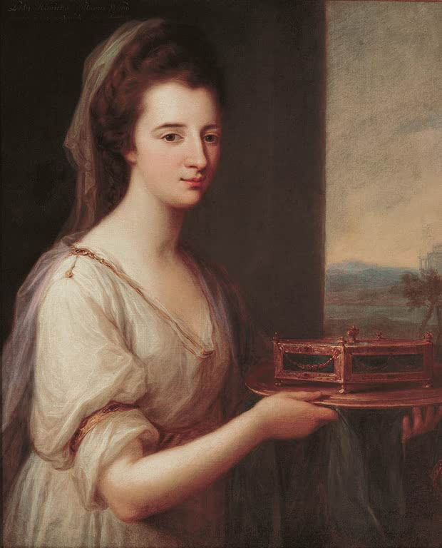 Dame mit Schleier hält ein rotes Kästchen auf einem Tablett – Angelika Kauffmann Lady Henrietta Williams-Wynn Kunstkopie