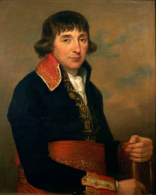 Mann in dunkelblauer Uniform mit rotem Kragen – Angelika Kauffmann Porträt des Augustin de Lespinasse Kunstkopie