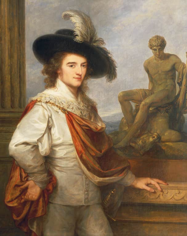 Junger Mann mit Federhut vor einer Statue – Angelika Kauffmann Porträt des Joseph Johann Graf Fries Kunstkopie