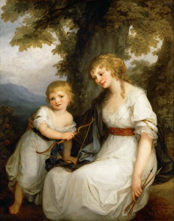 Mutter in Weiß sitzt mit Sohn und Bogen unter einem Baum – Angelika Kauffmann Barbara Juliane von Krüdener Kunstkopie