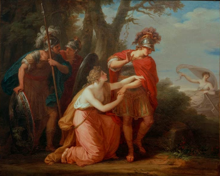 Krieger mit Helm wird von knieender Frau festgehalten, rechts Schiff – Angelika Kauffmann Rinaldo verläßt Armida Kunstkopie