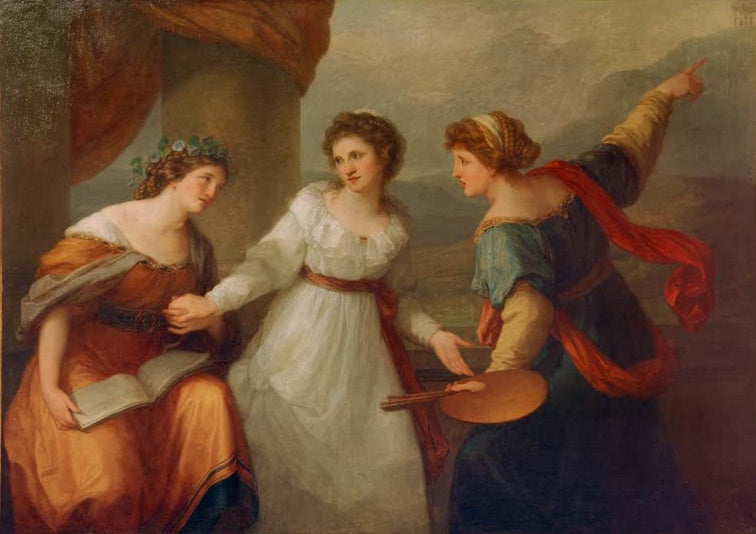 Drei Frauen in Landschaft, die mittlere dazwischen – Angelika Kauffmann Selbstbildnis am Scheideweg Kunstkopie