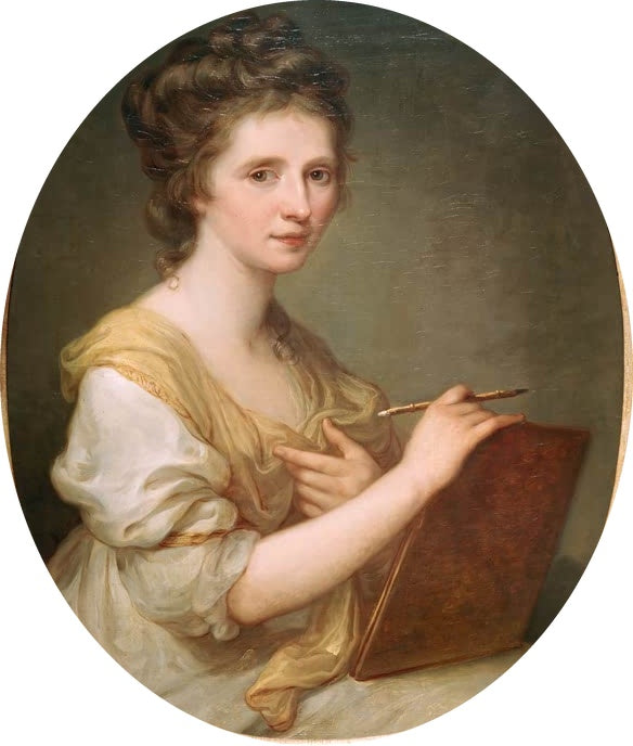 Frau in hellem Kleid mit gelbem Schal zeichnet mit Stift auf Mappe – Angelika Kauffmann Selbstbildnis Kunstkopie