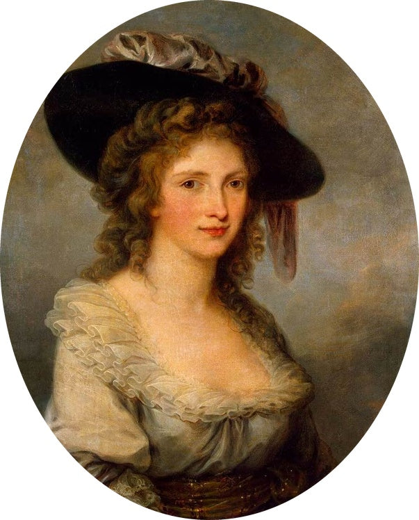 Frau mit breitem schwarzem Hut und Rüschenkleid im Oval – Angelika Kauffmann Selbstbildnis Kunstkopie