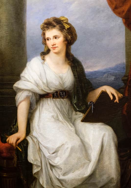 Sitzende Frau in weißem Kleid mit gelber Haarschleife, Mappe auf dem Schoß – Angelika Kauffmann Selbstbildnis Kunstkopie