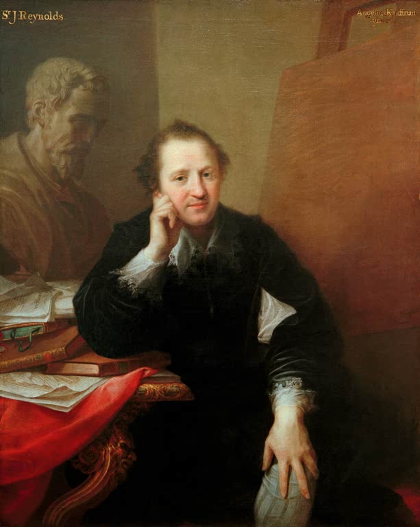 Mann im dunklen Samtrock stützt den Kopf auf die Hand, links Büste – Angelika Kauffmann Sir Joshua Reynolds Kunstkopie