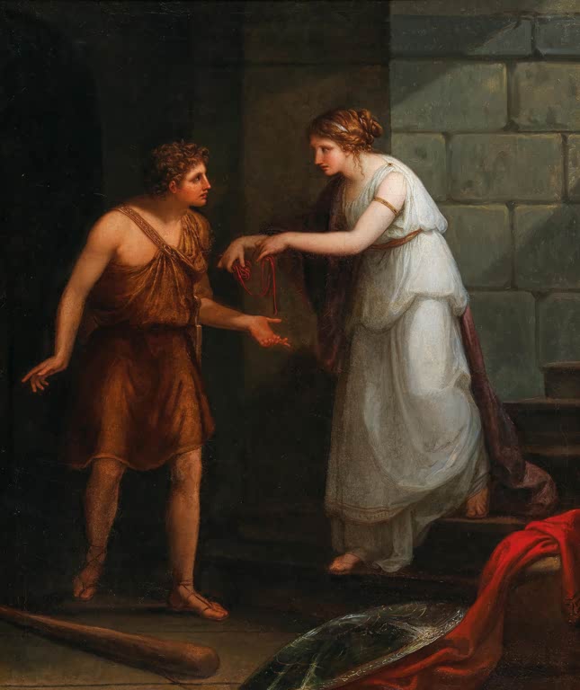 Mann im braunen Gewand und Frau in Weiß im Steingewölbe – Angelika Kauffmann Theseus und Ariadne Kunstkopie