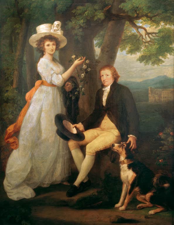 Paar im Park, sie mit Strohhut und Blütenranke, er mit Hund – Angelika Kauffmann Thomas Jenkins mit seiner Nichte Kunstkopie