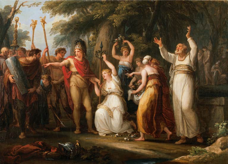 Priester, Mädchen mit Kränzen und Krieger im Hain – Angelika Kauffmann Thusnelda krönt Hermann Kunstkopie