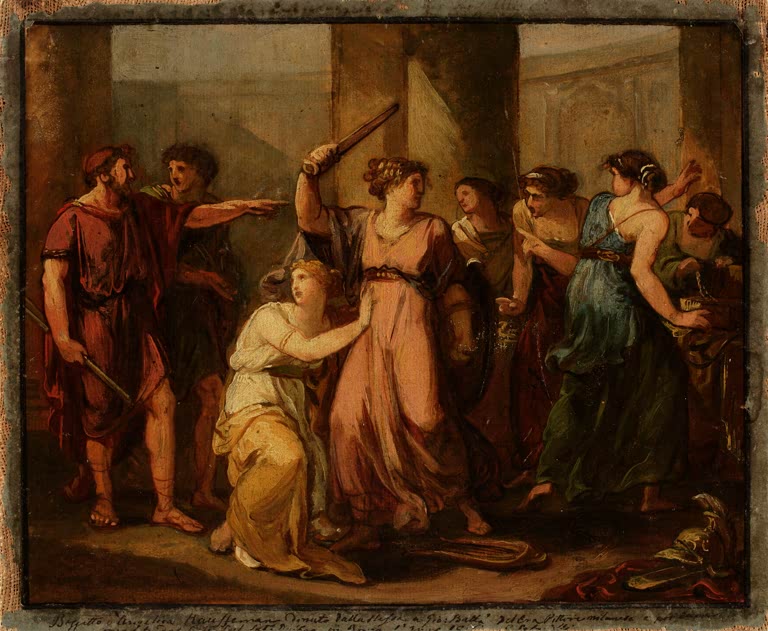 Krieger deutet auf junge Frauen in einer Halle – Angelika Kauffmann Ulysses entdeckt Achilles Kunstkopie