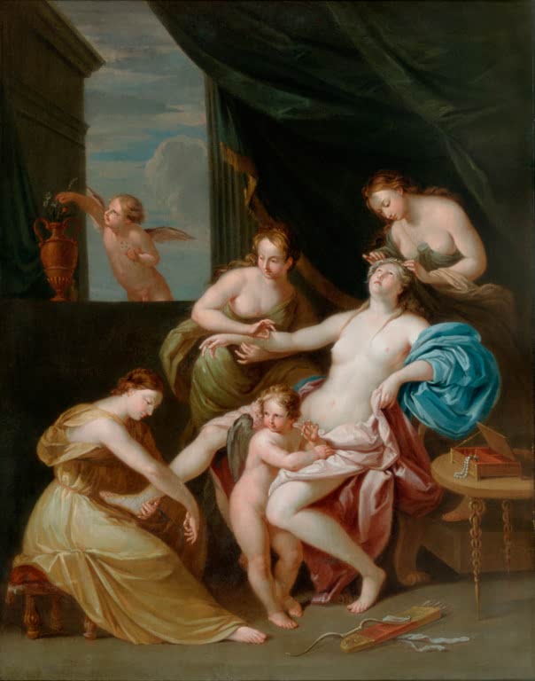Venus lehnt auf einem Sitz, Dienerinnen und Amor um sie – Angelika Kauffmann Venus bei der Morgentoilette Kunstkopie