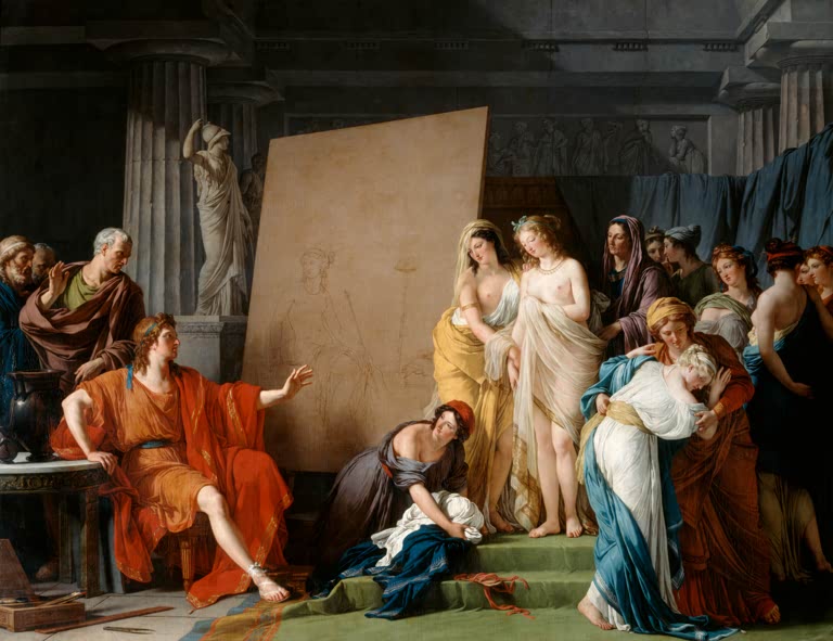 Maler vor leerer Leinwand und junge Frauen in Säulenhalle – Angelika Kauffmann Zeuxis wählt ein Modell aus Kroton Kunstkopie