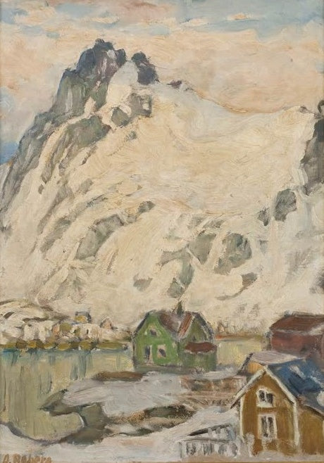 Anna Boberg Am Fuße des Berges Kunstkopie, schneebedeckter Gipfel über grünem und ockerfarbenem Holzhaus am Fjord