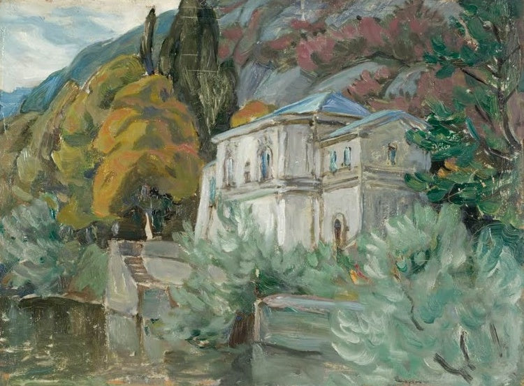 Anna Boberg Am Lago di Como Kunstkopie, weiße Villa zwischen Zypressen und blühenden Sträuchern am Seeufer
