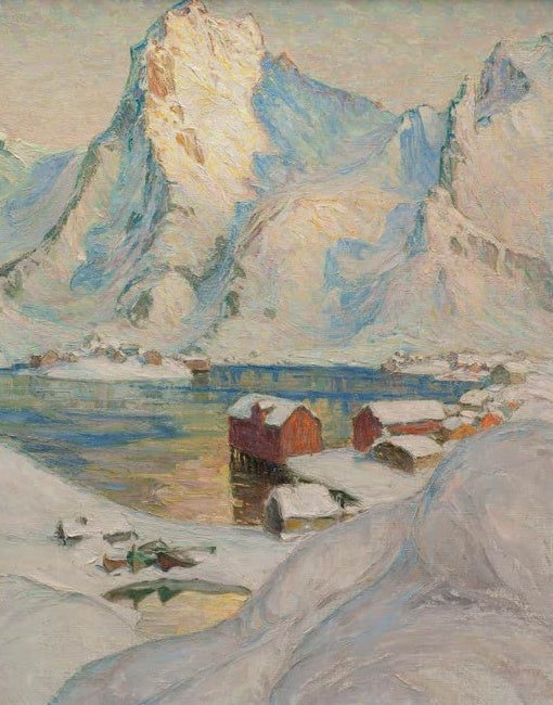 Anna Boberg Arktischer Frühlingstag Kunstkopie, schneebedeckter Berggipfel über rotem Fischerdorf am Fjord