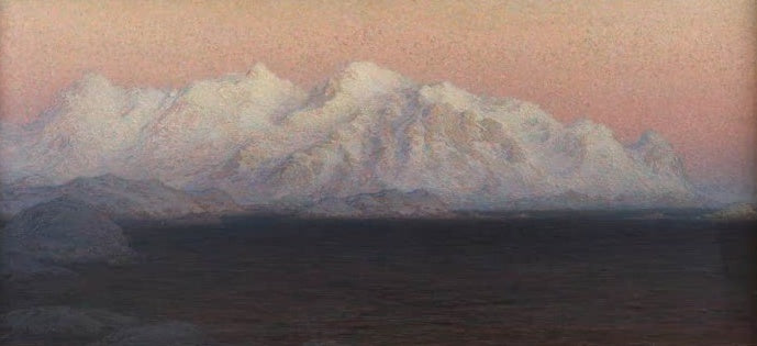 Anna Boberg Berge im Abendlicht Kunstkopie, schneebedecktes Gebirgspanorama in zartem Rosa über dunklem Wasser