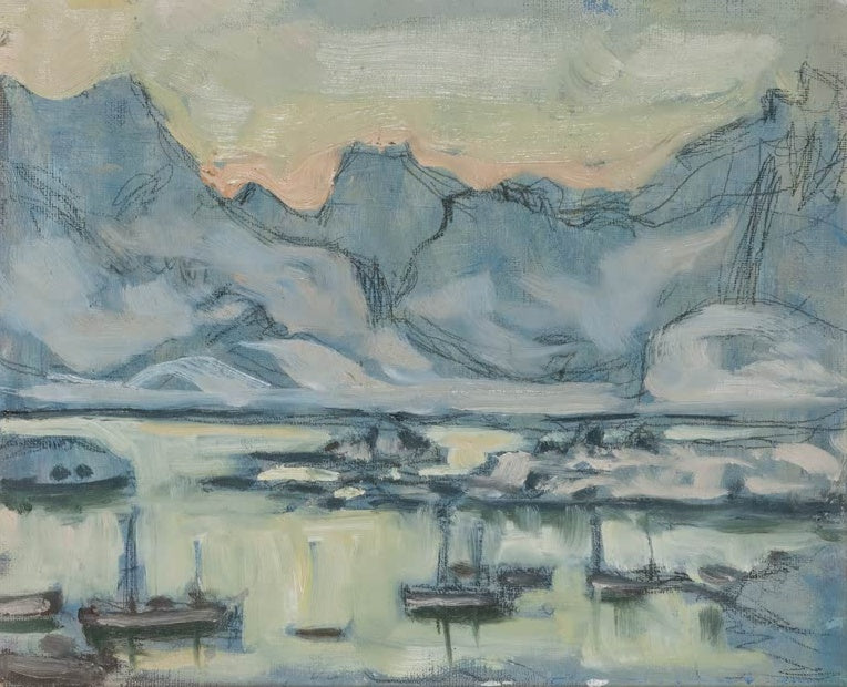 Anna Boberg Boot mit Netz Kunstkopie, skizzenhafte Studie mit Ruderbooten und blauen Bergen an den Lofoten