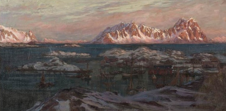 Anna Boberg Fischereihafen mit sonnenbeschienenen Bergen Kunstkopie, rosa Alpenglühen über Fischerhafen in Nordnorwegen