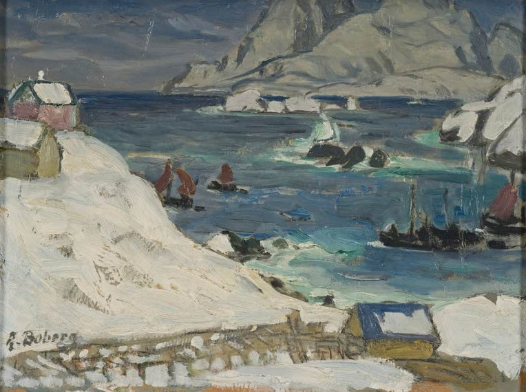 Anna Boberg Flucht vor dem Sturm Kunstkopie, Fischerboote mit roten Segeln auf aufgewühlter See vor Nordnorwegen