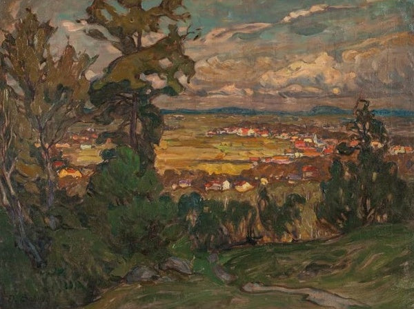Anna Boberg Landschaft mit einem Dorf Kunstkopie, weite Feldflur mit rotem Dorf und Bäumen in Nordnorwegen