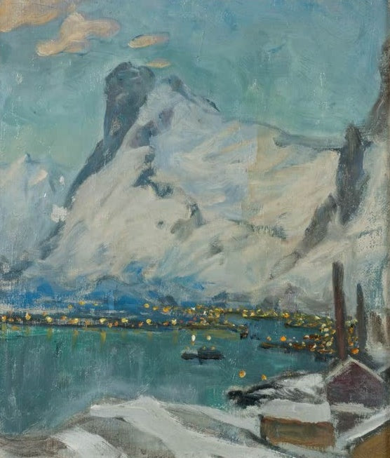 Anna Boberg Lofoten im Abendlicht Kunstkopie, türkisfarbenes Bergmassiv über glitzernden Lichtern am Hafen