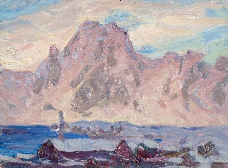 Anna Boberg Lofoten in Violett Kunstkopie, violett schimmerndes Bergdorf an der Küste der Lofoten