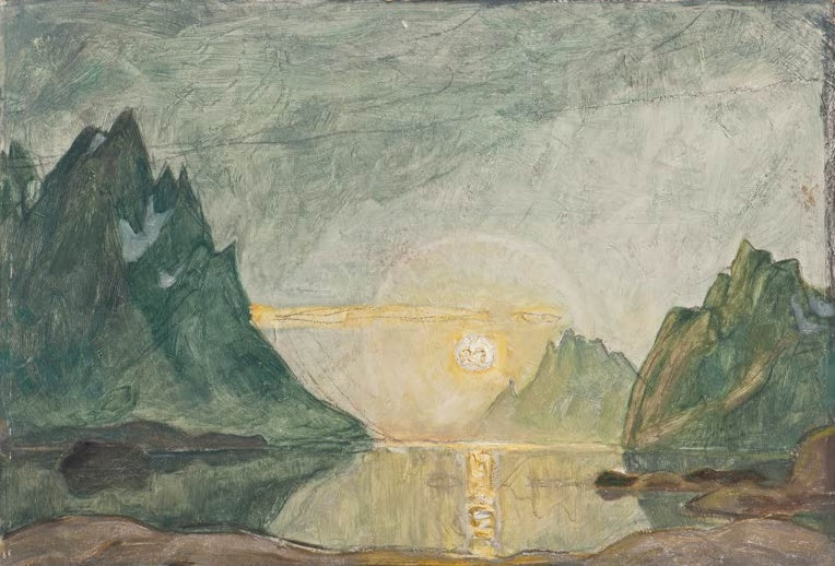 Anna Boberg Mitternachtssonne Kunstkopie, leuchtende Mitternachtssonne zwischen grünen Bergsilhouetten Nordnorwegens