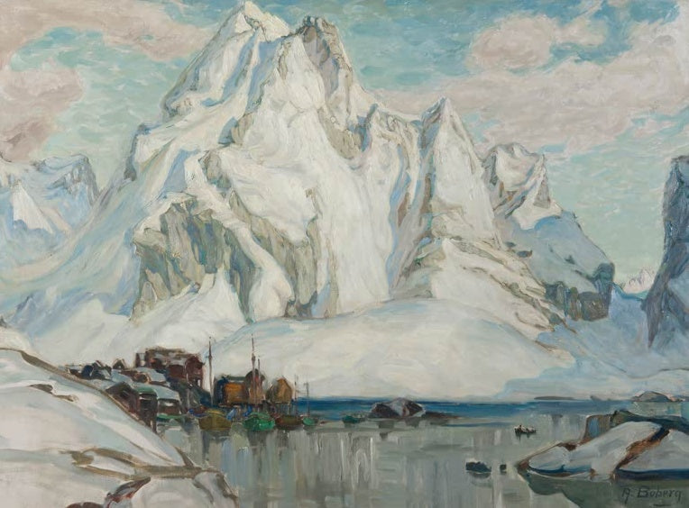 Anna Boberg Nach dem Massaker Kunstkopie, schneebedeckter Berggipfel über kleinem Fischerdorf in Nordnorwegen