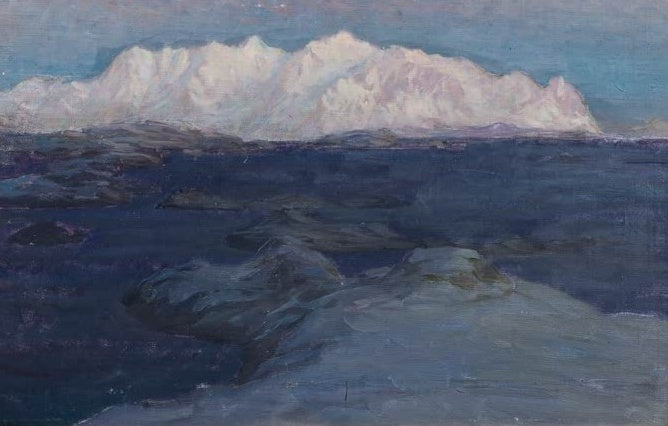 Anna Boberg Nacht über Store Molla Kunstkopie, dunkelblauer Nachthimmel über schneebedecktem Berg der Lofoten